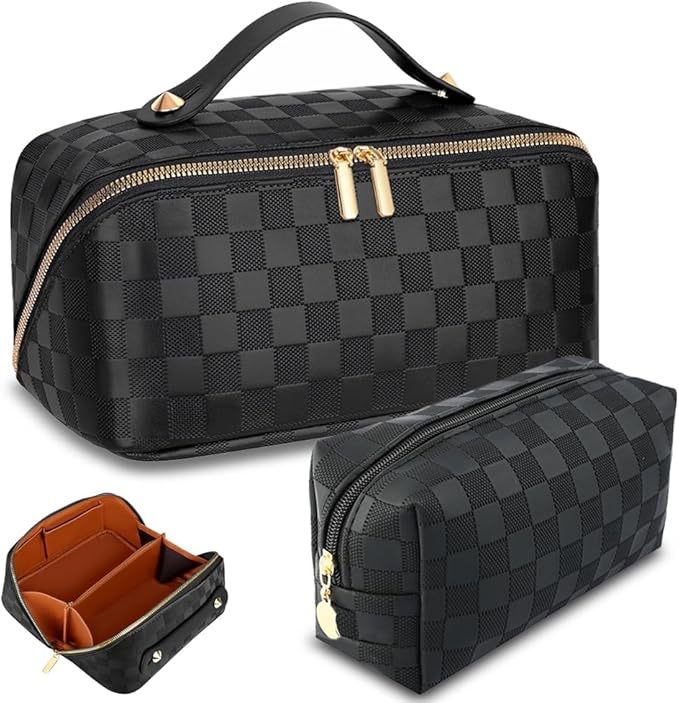 Checkered Travel Makeup Bags Cosmetic Organizer Bag: 2-Set Large Capacity Waterproof Makeup Bag - PU Leather Toiletry Bag for Women - Wide Open Portable Pouch with Handle and Divider (BLACK)