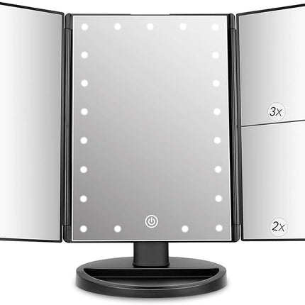 deweisn Tabletop Mount Trifold Lighted Vanity Mirror with 21 LED Lights, Touch Screen and 3X/2X/1X Magnification, Two Power Supply Mode Make up Mirror,Travel Mirror