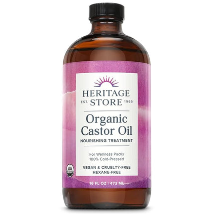 HERITAGE STORE Organic Castor Oil - Glass Bottle - Nourishing Treatment for Hair and Skin - Eyelash Serum for Eyelashes, Brows, Castor Oil Packs - Cold Pressed, Hexane Free, Vegan 16oz