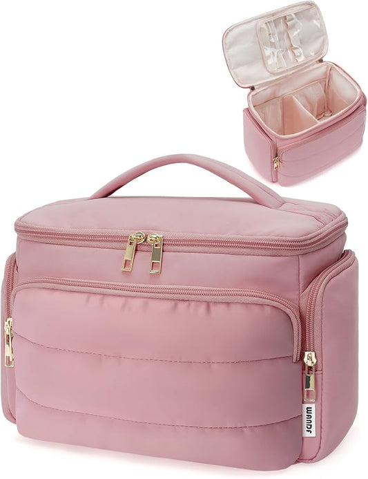 WANDF Travel Toiletry Bag for Women, Wide-open Large Makeup Bag with Handle, Puffy Makeup Organizer for Toiletries, Cosmetics, Accessories, Essentials (Dusty Pink)