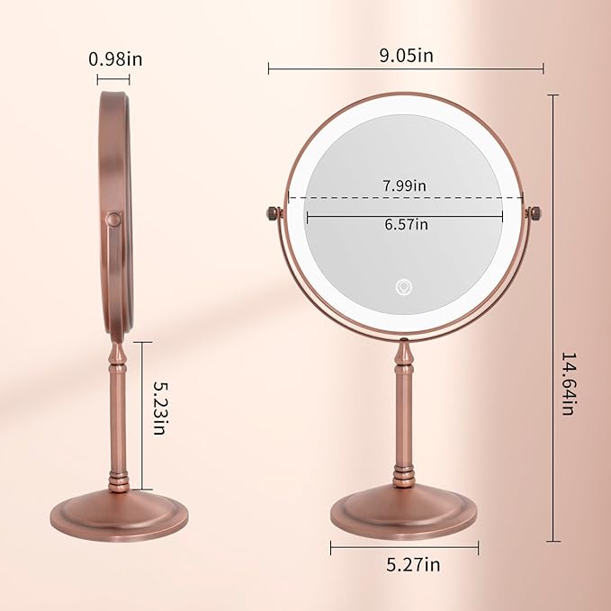 Nicesail Desk Mirror with Light 1X/10X Magnifying with 3 Color Dimmable Lights Desk Mirror, Cordless 360 Rotation 4000mAh Rechargeable, Double Sided Mirror for Desk, 8 Inch Standing Brushed Rose Gold
