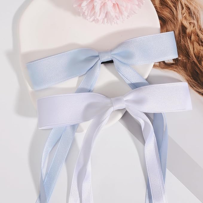 4 PCS Tassel Ribbon Bowknot Hair Clips With Long Tail for Women Girl Teens Kids, Solid Holder Fashion Bow Bowknot Hair Accessories Headwear Barrettes Claw(Blue&White)