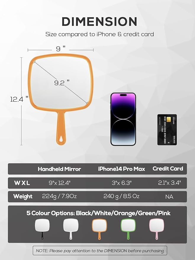 Extra Large Handheld Mirror，Hand Salon Mirror with Handle for Barbers, Hairdressing (Orange，12.4" Lx 9" W)
