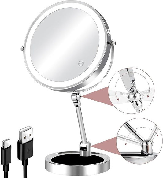 8" Rechargeable Lighted Makeup Mirror with Magnification, Adjustable Height & Brightness 1X/10X Double Side Magnifying Mirror with Light, 3 Color Lighting 360° Rotation Storable Base, Chrome