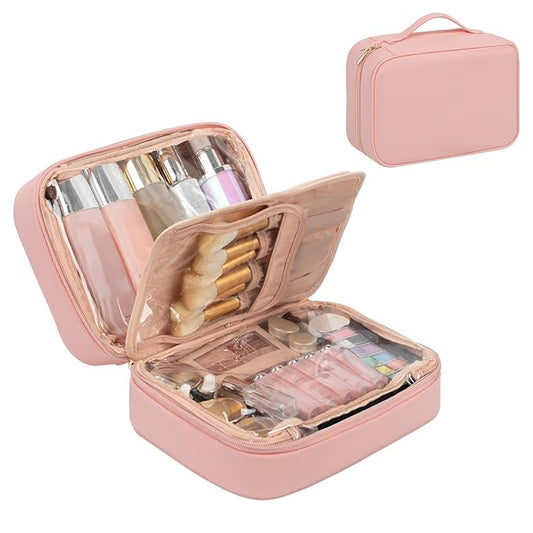 OCHEAL Makeup Bag, Makeup Travel Bag Large Capacity Waterproof Cosmetic Organizer Bag with Makeup Brush Compartment & Handle for Women Girls Travel Toiletry Accessories-Pink