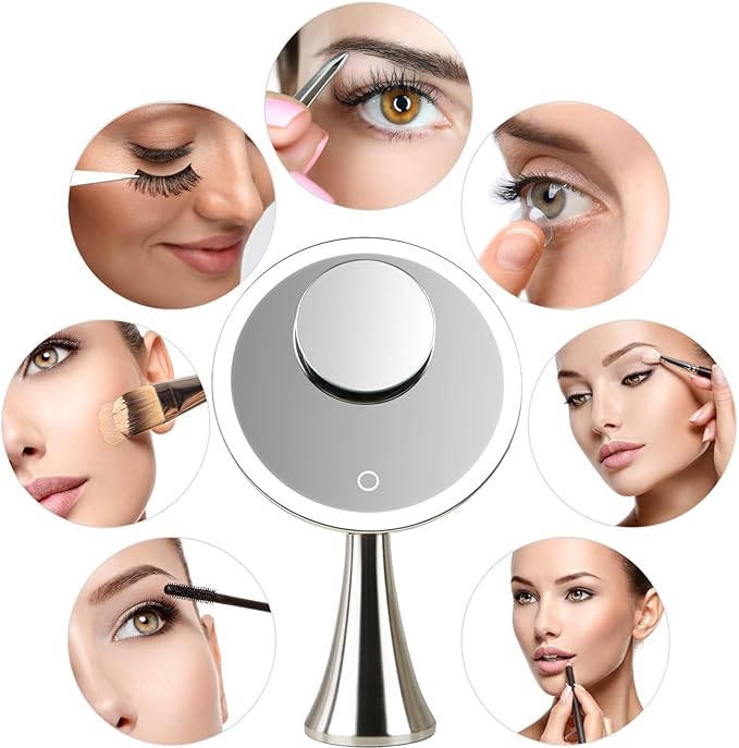 Surdy 9" Lighted Makeup Mirror, 5x/10x Dual Magnifying Mirror w/ 3 Color, Brightness Adjustable,360° Rotation, 4000 mAh Rechargeable, Women Gift, Vanity Mirror