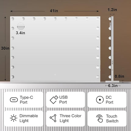 Hasipu Hollywood Vanity Mirror with Lights, 41" x 30" Makeup Mirror with 21 Dimmable LED Bulbs 3 Color Modes & Detachable, 5X Magnifying Glass, Touch Control, USB and Type-C, Tempered Glass