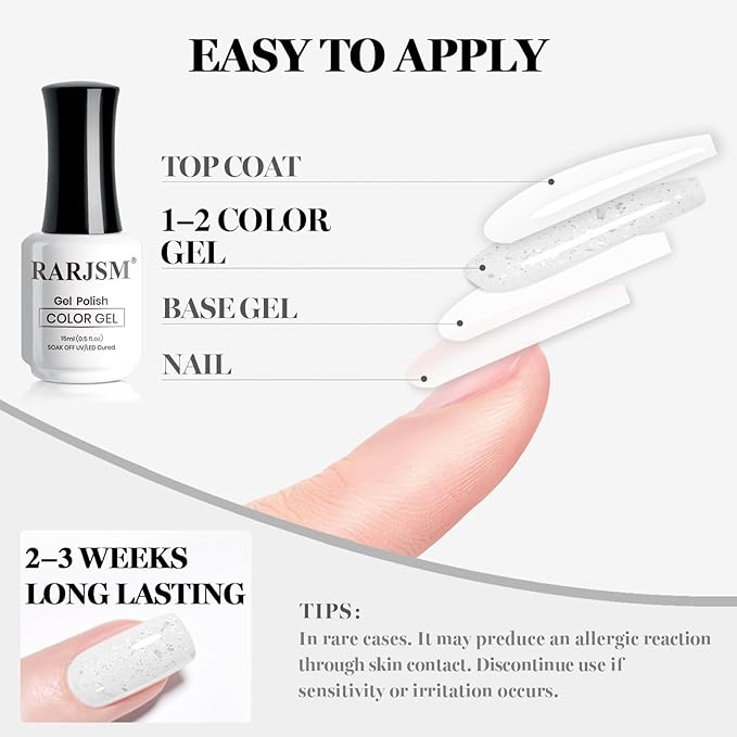 RARJSM Snow Glitter Gel Nail Polish Shiny Diamond Sparkly Chunky Jelly Milky White Silver Shimmer Pigments Opal Gelpolish Soak off Led UV Curing Required for Nail Art Salon Manicure