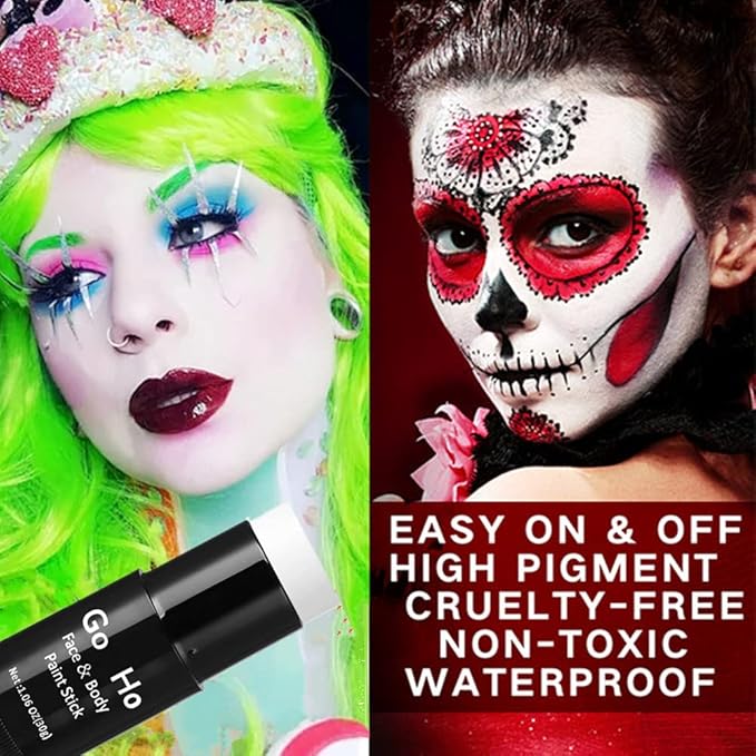 Go Ho White and Black Face Paint Stick with Setting Powder,2 PC White Sponges Set,Waterproof Full-coverage Face Body Paint for Halloween Costumes Clown Skeleton Vampire Skull Cosplay Makeup