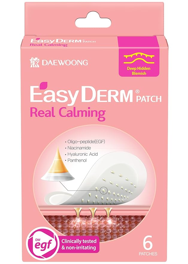 Easyderm Real Calming Patch – 6 Spot Patches, K-Beauty Skincare with Niacinamide, Hyaluronic Acid, EGF Micro Piont length : 285μm