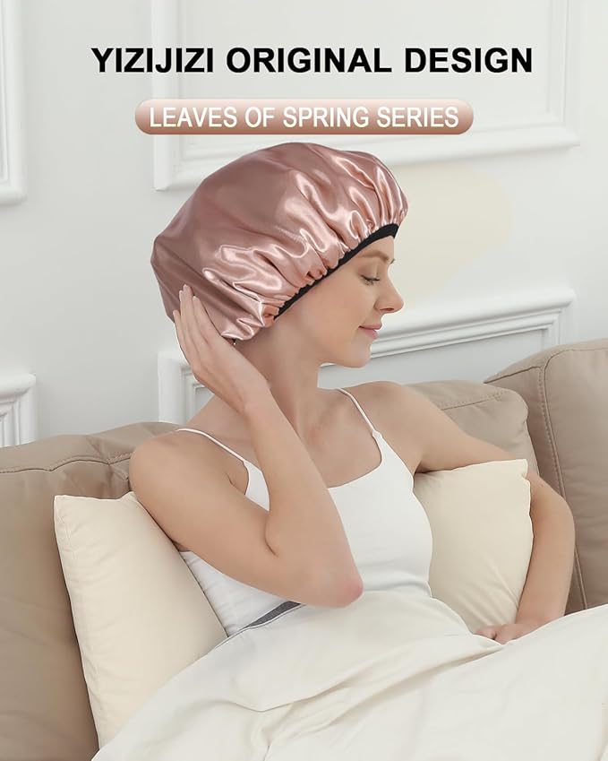 YIZIJIZI Triple Layer Reusable Waterproof Shower Cap for Women Large Terry Lined Hair Cap for Long Thick Hair Travel Bath Care khaki