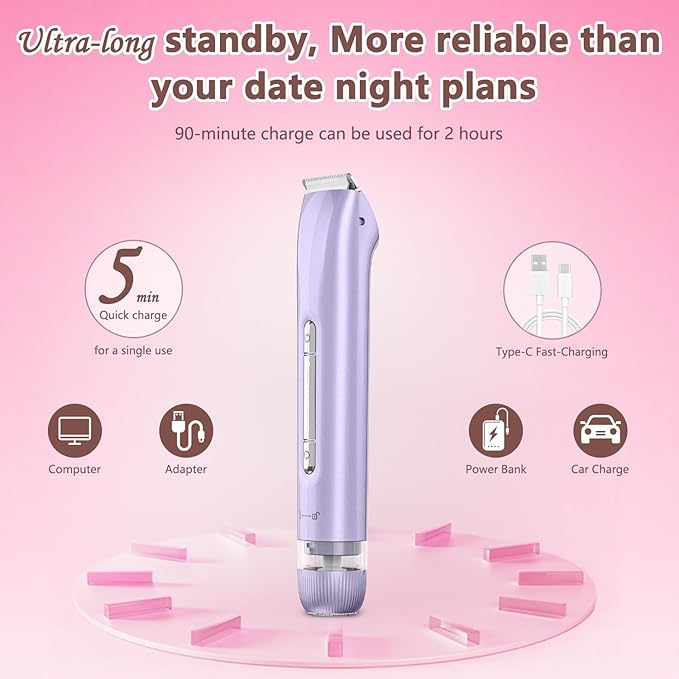 Bikini Trimmer for Women, 2 in 1 Electric Razors for Women Painless Body and Facial Hair Removal, IPX7 Waterproof Wet & Dry Use Bikini Trimmer for Ladies Pubic, Legs, Face, Underarms (Purple)