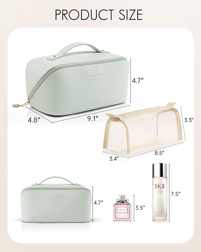 Vlando Makeup Bag,Large Capacity Toiletry Bag for Women Waterproof Portable Make up Pouch PU Leather Open Flat Cosmetic Bag(Mint Green)