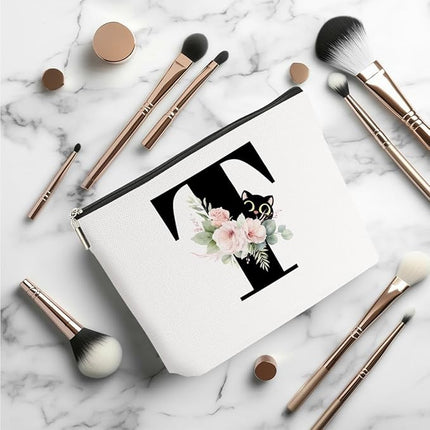 Floral Cat Initial Makeup Bag, Personalized Skin Care Bag, Travel Organizer Toiletry Bags for Women Mom Friends, Cosmetic Bags Makeup Pouch with Zipper, Letter T