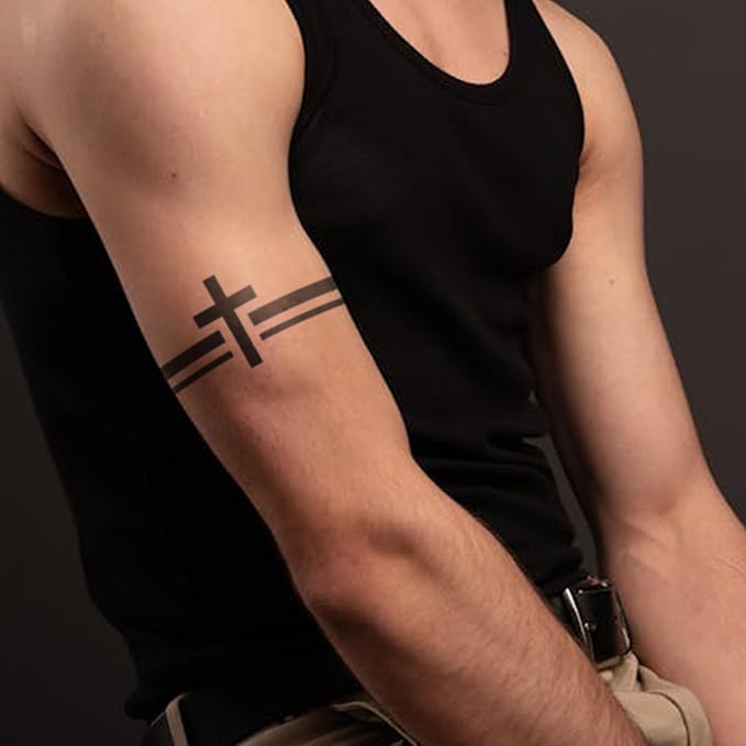 Christian Cross Wrap Around Arm Temporary Tattoo – Religious Faith Curved Band Design for Men, Realistic & Long-Lasting Semi-Permanent Tattoo Sleeve Accent