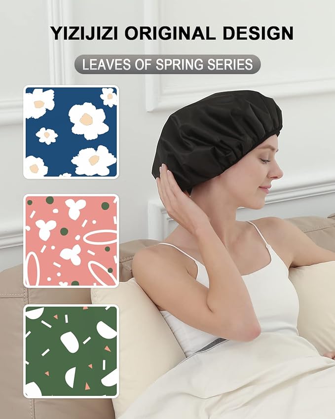 YIZIJIZI Terry Lined Shower Cap,Triple Layer Large Cap for Women,Shower Cap Reusable Waterproof,Long Thick Hair(Black)