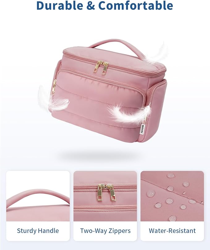 WANDF Travel Toiletry Bag for Women, Wide-open Large Makeup Bag with Handle, Puffy Makeup Organizer for Toiletries, Cosmetics, Accessories, Essentials (Dusty Pink)