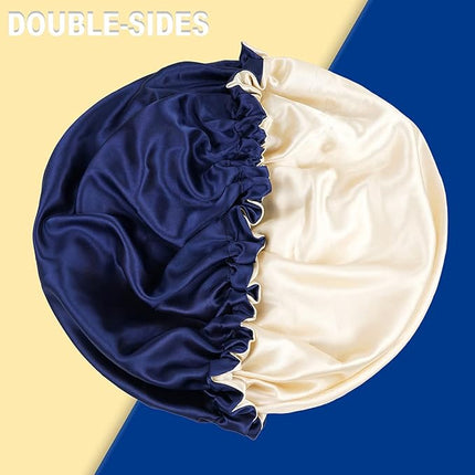CHORHA Satin Sleep Cap, Double-Sided Adjustable Bonnet Cap (Navy)