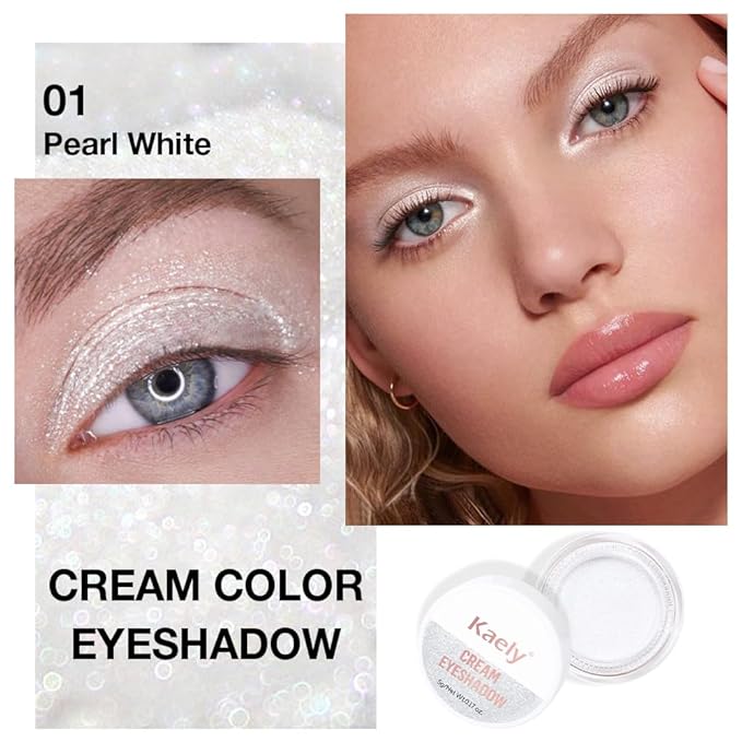 Cream Glitter Pearl White Shimmer Metallic Eyeshadow Palette Makeup, Natural Single Mini Instant Holographic Eyeshadow For Women, Sombras Crema Para Ojos,Talc,Paraben&Cruelty Free, P01