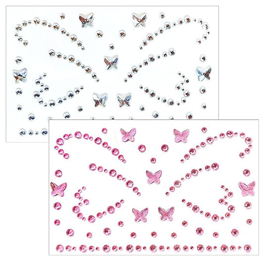 Crystal Butterfly Face Gems Pink Face Jewels Fake Butterfly Gems Tattoo Stick on Eye for Men Women Kids Halloween Prank Makeup Costume，2-Pack