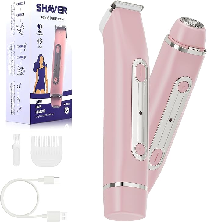 RUIM 2-in-1 Bikini Trimmer for Women, Dual Head Electric Razors, IPX6 Waterproof Women Electric Shaver, Painless Body Facial Hair Removal, Pink