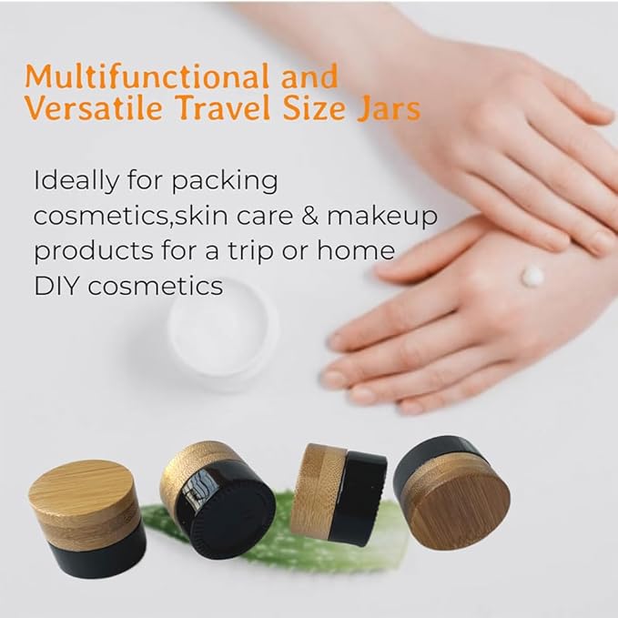 Empty Refillable Glass Cosmetic Jar 4 Pack 5g/0.17oz with Bamboo Lids,Skin Care Travel Containers Pot Vial Holder Sample Storage for Eye Cream Lotion Ointments Lip Balm Brown