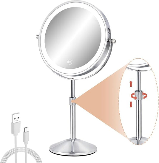 8" Lighted Makeup Mirror with Adjustable Height, 1X/10X Magnification, Rechargeable LED Vanity Mirror with 3 Color Modes, 360° Rotating Touch Screen, Magnifying Tabletop Cosmetic Mirror