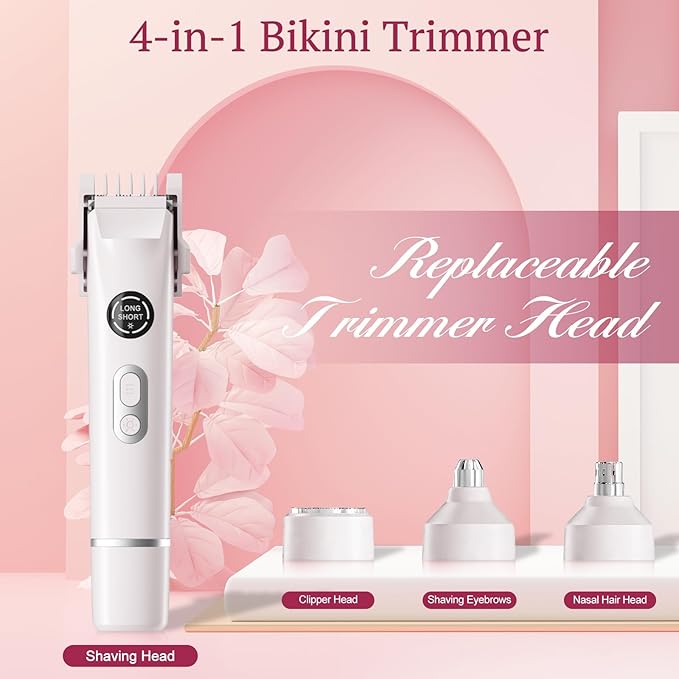 Dermave Bikini Shaver, 4-in-1 Bikini Trimmer for Women, Electric Razors with Dual Heads, Cordless Body Hair Trimmer, Rechargeable Pubic Hair Trimmer for Legs Body Facial Hair, Ceramic Blade
