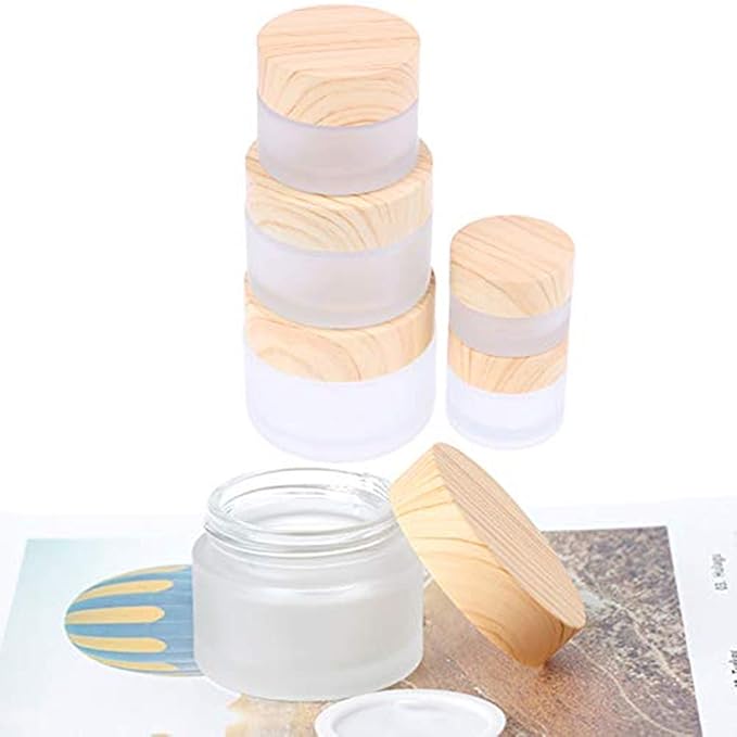 12 Packs 1 Oz Empty Jars 30ml Round Frosted Glass Cream Jar Bottles Holder with Wood Grain Lids Refillable Case Vial Pot Cosmetic Container Glass Bottles for Lotion Face Lip Balm Eye Cream
