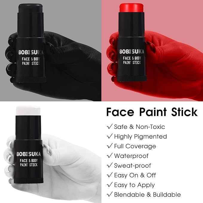 BOBISUKA Black White Red Face Paint Stick with Setting Powder Set Clown Makeup Eye Black Sticks for Sports, Body Paints for Halloween Joker Skeleton Cosplay Special Effects Costume SFX Stage Kit