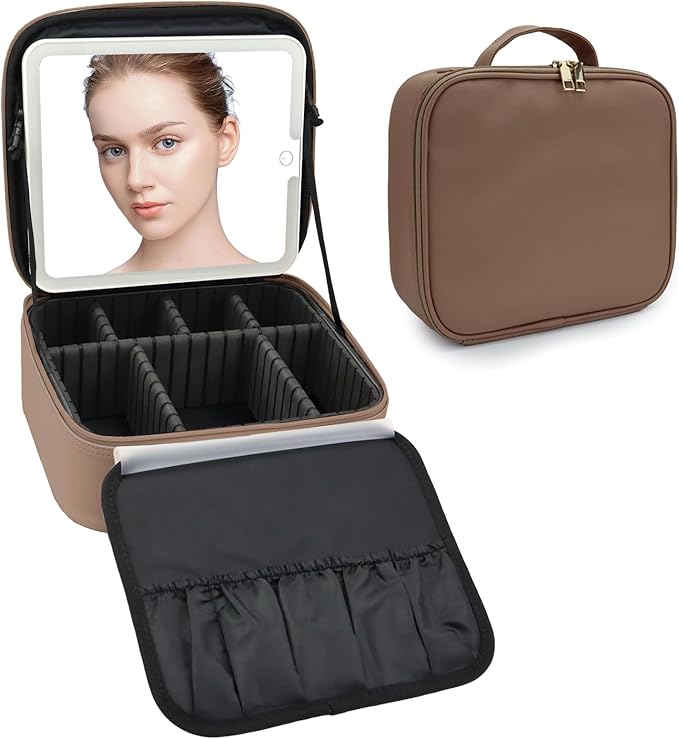 Travel Makeup Bag with LED Mirror Travel Makeup Organizer with 3 Lighted Settings, Adjustable Dividers and Makeup Brush Storage Bag Mocha