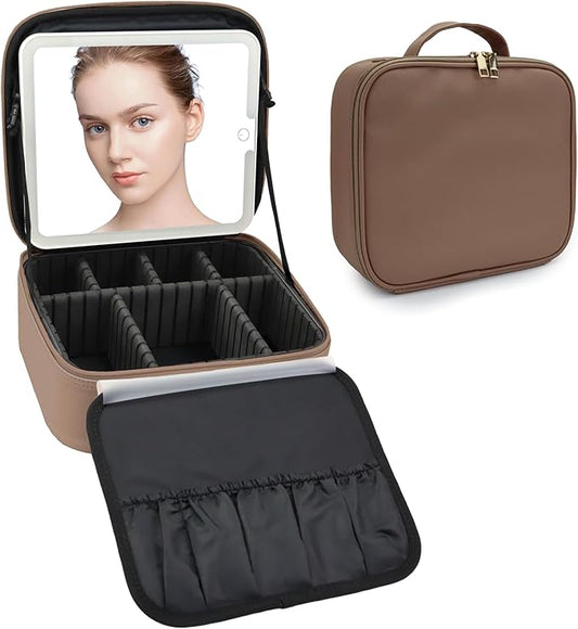 Travel Makeup Bag with LED Mirror Travel Makeup Organizer with 3 Lighted Settings, Adjustable Dividers and Makeup Brush Storage Bag Mocha