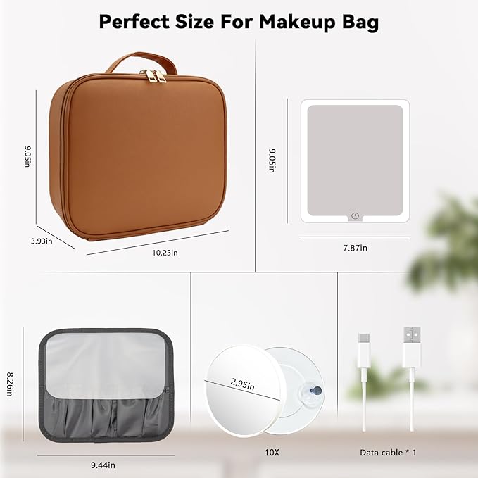 Travel Makeup Bag with LED Mirror and 10x magnifying glass with 3 Lighted Settings, Adjustable Dividers and Makeup Brush Storage Bag Caramel
