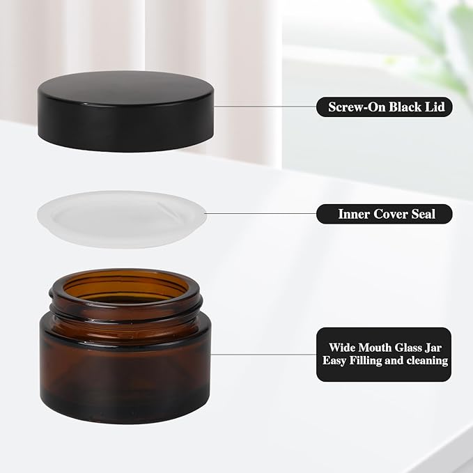 Amber Glass Jars with Lids, 4 Pack 1oz Small Glass Jars with Inner Liners, 30 ml Reusable Empty Round Cosmetic Container for Creams, Lotion, Cosmetic, Spice, Powder