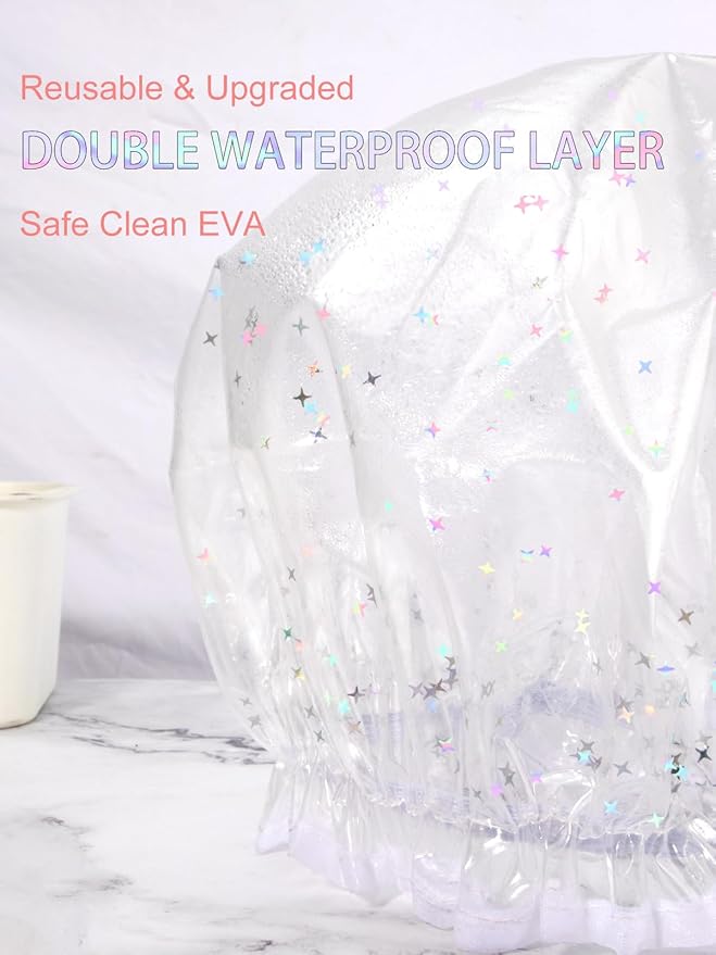 Auban Luxury Shower Cap Reusable Waterproof for Women Sequin Lined Hair Cap for Shower Plastic Cap for Long Hair Large Double Layer Bath Cap Travel Essential & Cleaning Supplies