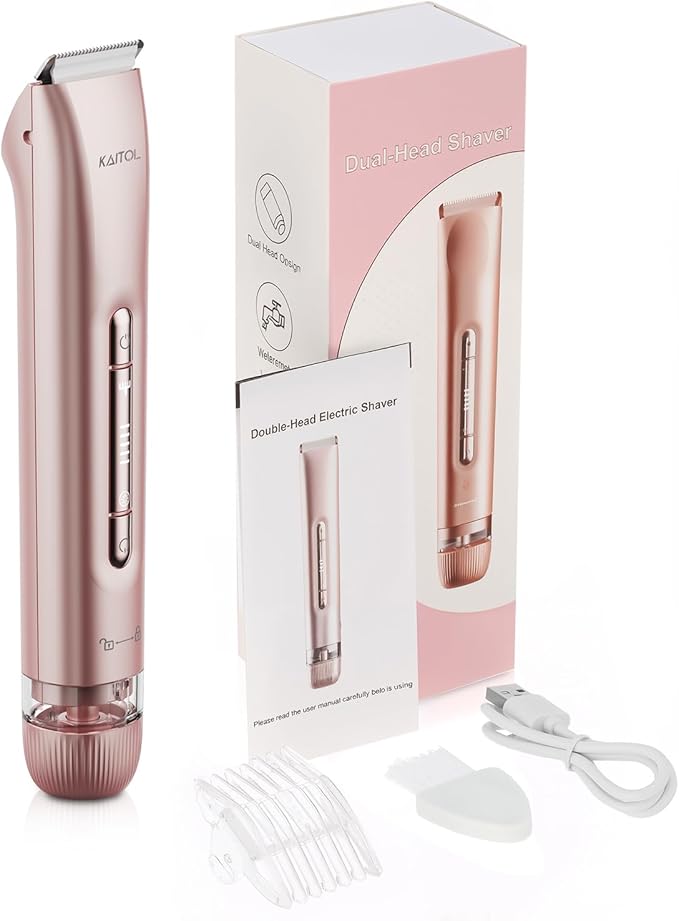 Bikini Trimmer for Women, 2 in 1 Dual Head Bikini Shaver IPX7 Waterproof Women Eletctric Razors, USB-C Rechagreable Body Shaver for Public Hair, Silk Skin, Facial and Body, Rose Gold