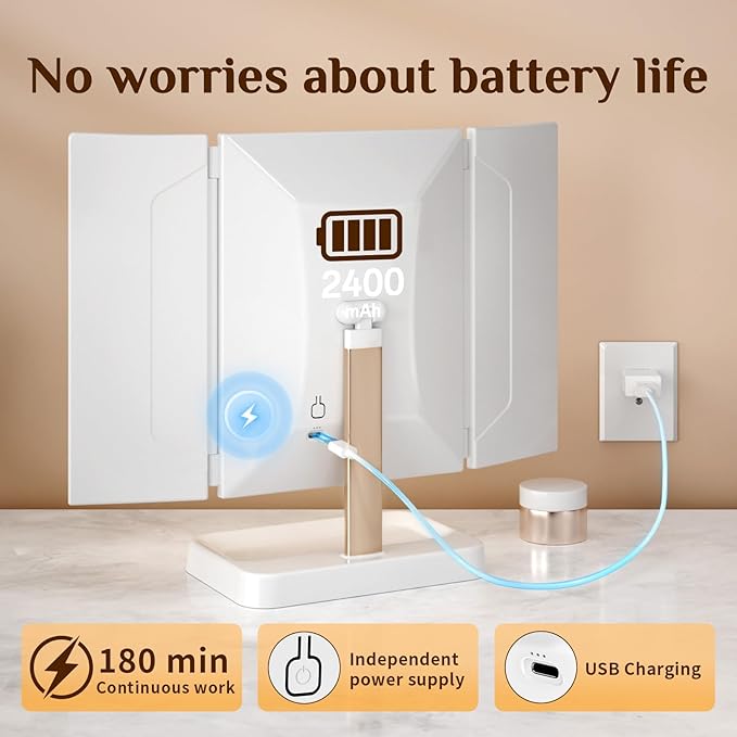 3- Folding Makeup Mirror, 76 LED Beads, 3 Adjustable Color Modes,Long Press The Touch Button to Adjust The brightness1%-100%, 1x / 2X / 3X Magnification，Rechargeable (Ivory White)