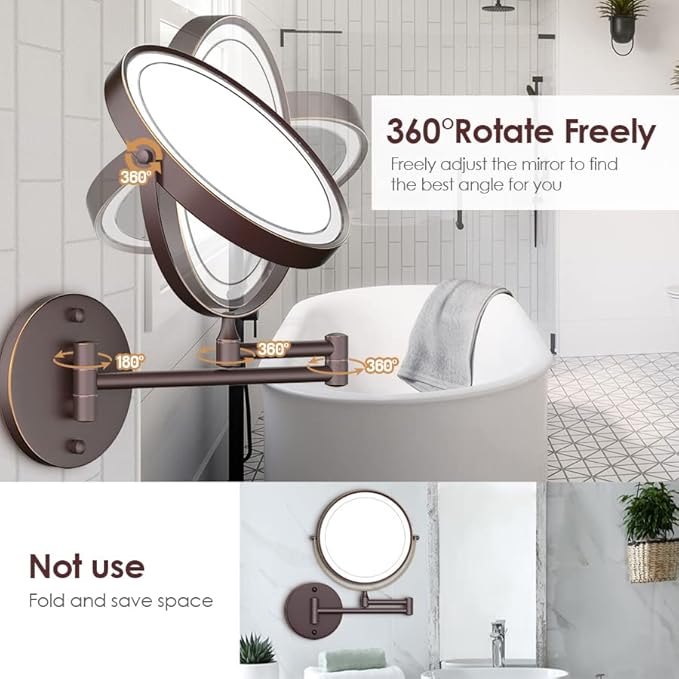 Rocollos Rechargeable Wall Mounted Lighted Makeup Mirror, 8 Inch Double-Sided LED Vanity Mirror 1X/10X Magnification,3 Color Lights Touch Screen Dimmable 360°Swivel 13 Inch Extendable