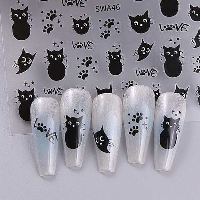 Cat Nail Sticker Black Animal Nail Decals 4Pcs Self-Adhesive 3D Cute Stickers Kawaii Cartoon Animal Self-Adhesive Nail Decals Black Nail Stickers for Nail Art Supplies for Women Nail Art Decorations