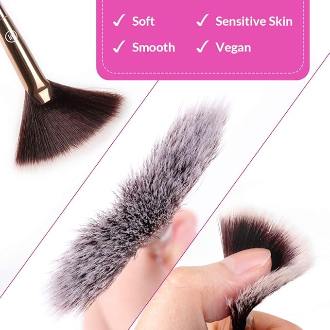 Fan Makeup Brush For Highlighter, Blush, Flutty&Powder Cosmetic Tool w/Long Handle& Anti-Champagne Gold Brush