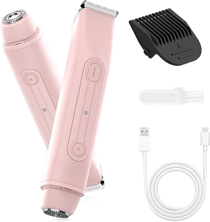 2 in 1 Women Electric Shaver - Dual Head Bikini Trimmer for Women Waterproof Wet & Dry Use Body Hair Trimmer and Facial Hair Remover, Painless Razors for Bikini Underarm Leg Arm Body Face, Pink