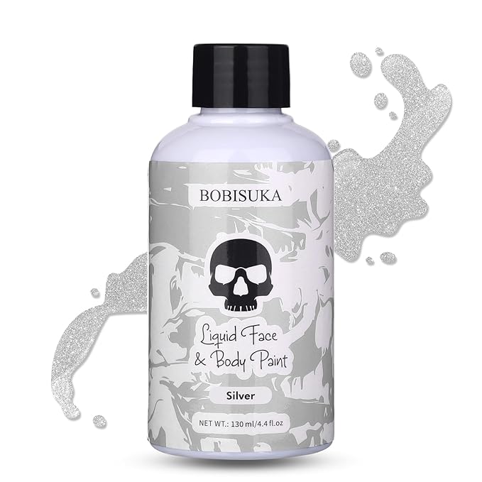 BOBISUKA Silver Face Body Paint Liquid Texture Washable Non Toxic Facepaint Fast Drying Metallic Silver Foundation Makeup for Halloween Cosplay SFX Costume Party Large Capacity(130ml)