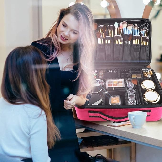 gzcz Professional Travel Makeup Case 13.5 Inches Makeup Bag Cosmetic Brush Organizer Portable Artist Storage Train Bag with Adjustable Dividers for Make Up Accessories（M-Rose Red）