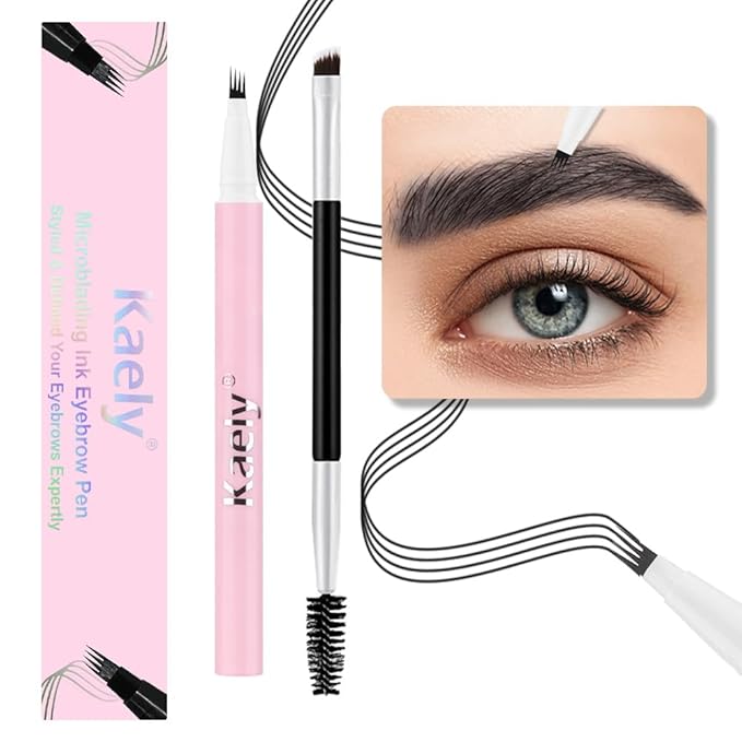 evpct 1Pcs Black Magic Microblading Eyebrow Contouring Pen Brow Pencil, with 4 Brush Micro-Fork-Tips Precise Applicator, with Dual-ended Eyebrow Brush, Hair Like Strokes, Natural Looking Brows