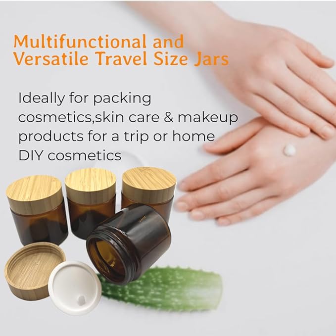 Empty Refillable Brown Glass Cosmetic Cream Jar 4 Pack 3.3 OZ/100g with Bamboo Lids,Skin Care Travel Containers Pot for Clay Masks,Butter,Body Scrub,Lip Balm, Ointments, Lotion