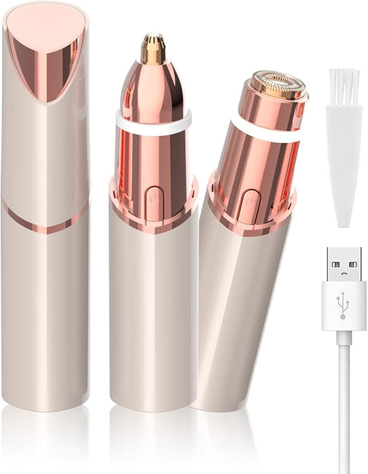Facial Hair Remover and Eyebrow Trimmer - 2 in 1 Facial Hair Removal Epilators for Women - Rechargeable Travel Face Hair Razor Bikini Shaver for Face Peach Fuzz Lips Chin Armpit Body (Gold)