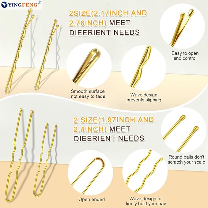 YINGFENG 510PCS Blonde Bobby Pins Hair Pins Kit with Hair Net, Includes 100 Bobby Pins for Women, 100 U Shaped Buns Hair Clips, 300 Hair Bands and 10 Blonde Hair Nets, Dance Competition Must Haves