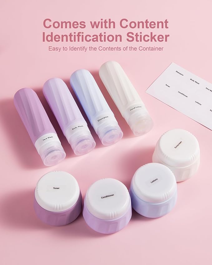 Travel Bottles for Toiletries 8 Pack, Travel Size Toiletries, Tsa Approved Travel Size Containers 3oz, with Travel Essentials Clear Bag, Leak Proof Silicone Squeezable Creams Jars