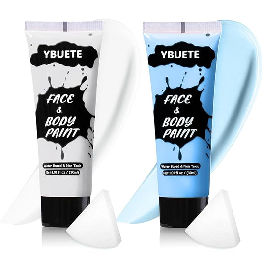 2Pcs Face Body Paint, Professional Paint for Halloween Cosplay Costume Party, Full-coverage Multi-Color Cream Makeup Body Paint for Adults Halloween Cosplay SFX Makeup Paint (White+Light Blue)