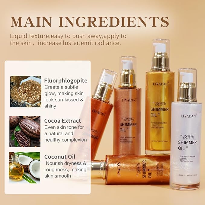 Liyalan Shimmer Body Oil Bronze Gold 5 Color Bronze 3.38 Fl Oz Face Glow Pearl Highlighter Illuminator body Makeup Shine Glitter Gold Liquid Taning